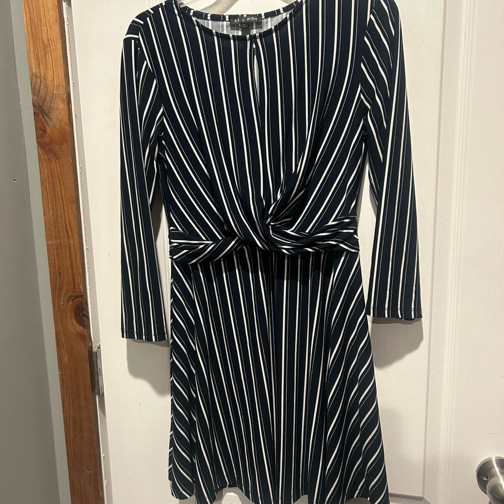 As U Wish Navy, Black and White Long Sleeve Pullover Dress with keyhole feature
